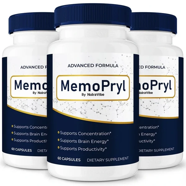 Three MemoPryl bottles with navy caps and gold-edged name panels: Advanced Formula, By NutraVibe, Supports Concentration, Supports Brain Energy, Supports Productivity, 60 capsules