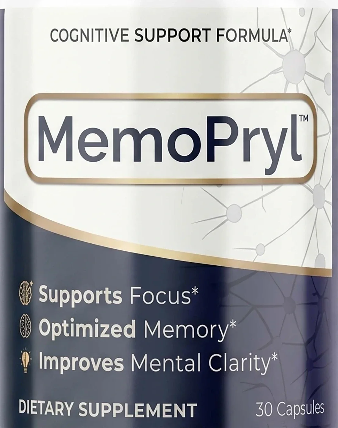 The MemoPryl bottle label, version A: Cognitive Support Formula with focus, memory and clarity claims and 30 Capsules